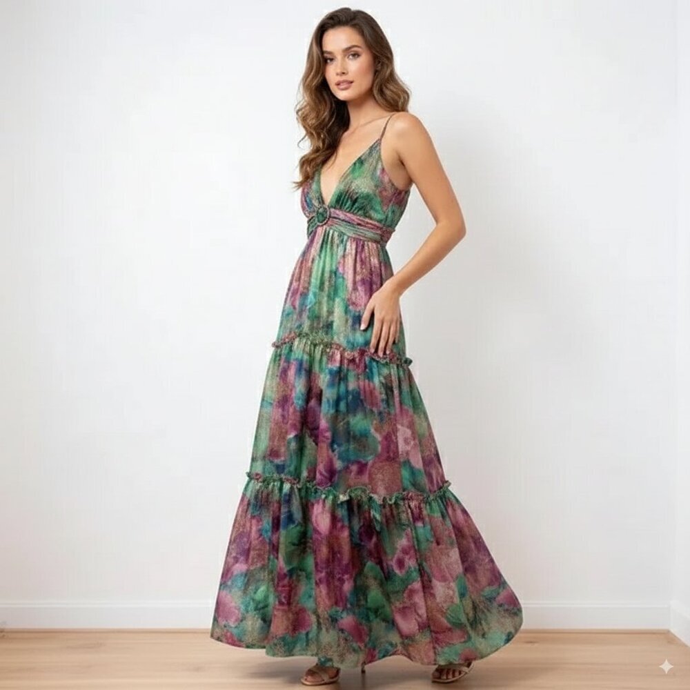 Liv Foster Printed Jacquard Tiered Gown Purple Multi Size 6 NWT Vacation Ready